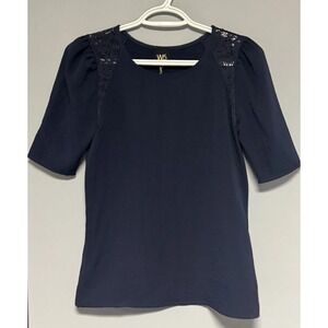 W5 Anthropologie Navy Short Sleeve Lace Detail Top Women's Small Sample NWT‎